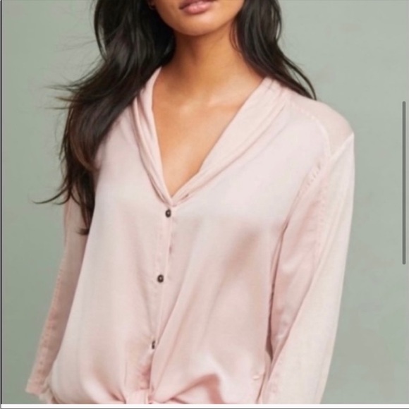 Anthropologie Blush Pink Tie-Hem V-Neck Blouse - Picture 2 of 10